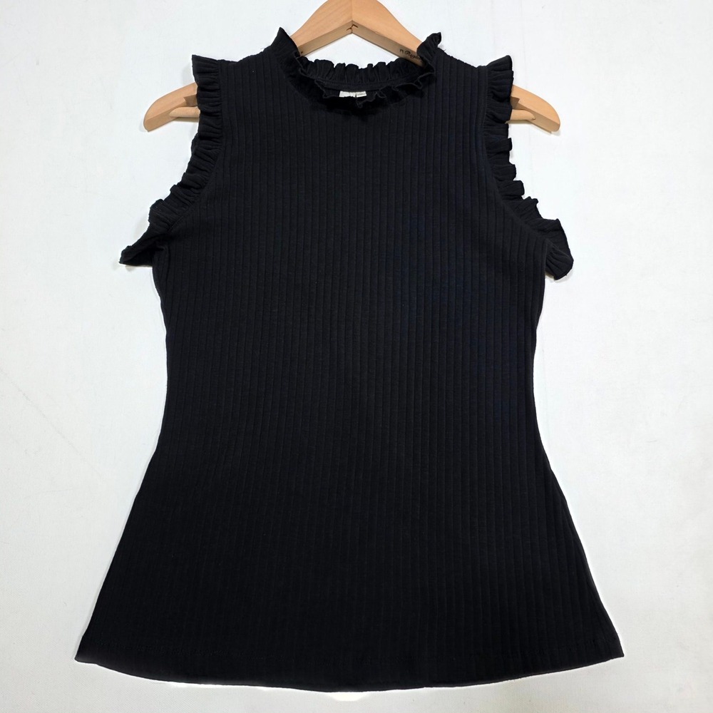 Hayden Los Angeles Tank Top Womens M Black Ruffle Mock Neck Ribbed Knit H5859
